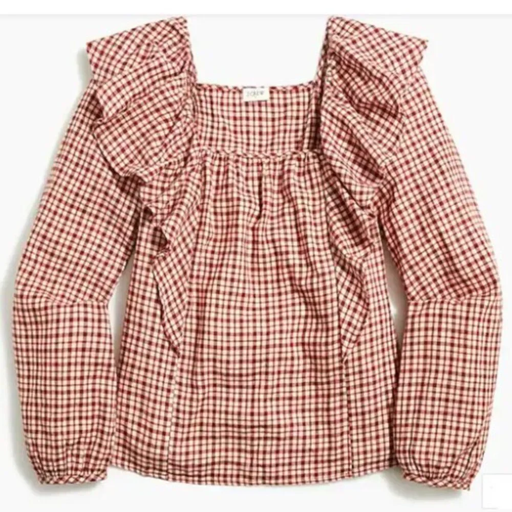 J CREW‎ WOMEN'S FLANNEL SQUARENECK COTTON RUFFLE TOP